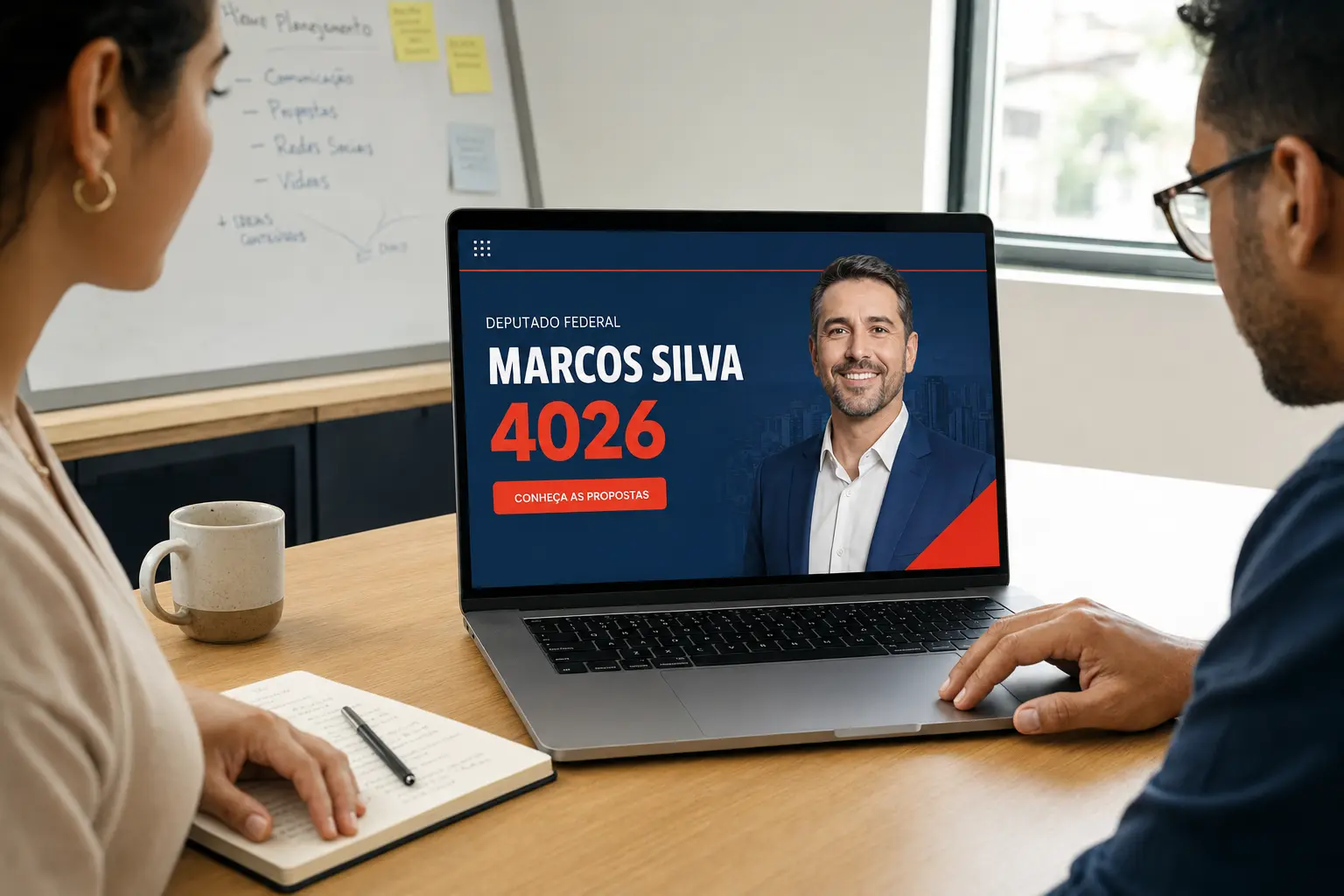 Equipe utilizando um Site que Faz Campanha em um computador